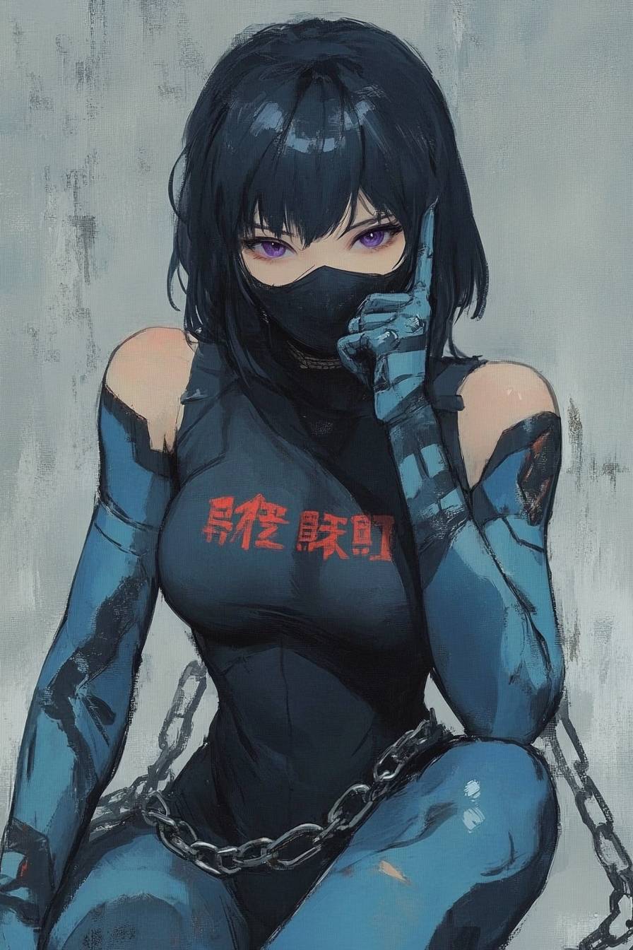 Una hermosa Yoruichi Shihouin con un traje de cuerpo negro y azul y una máscara abierta, en pose sentada.