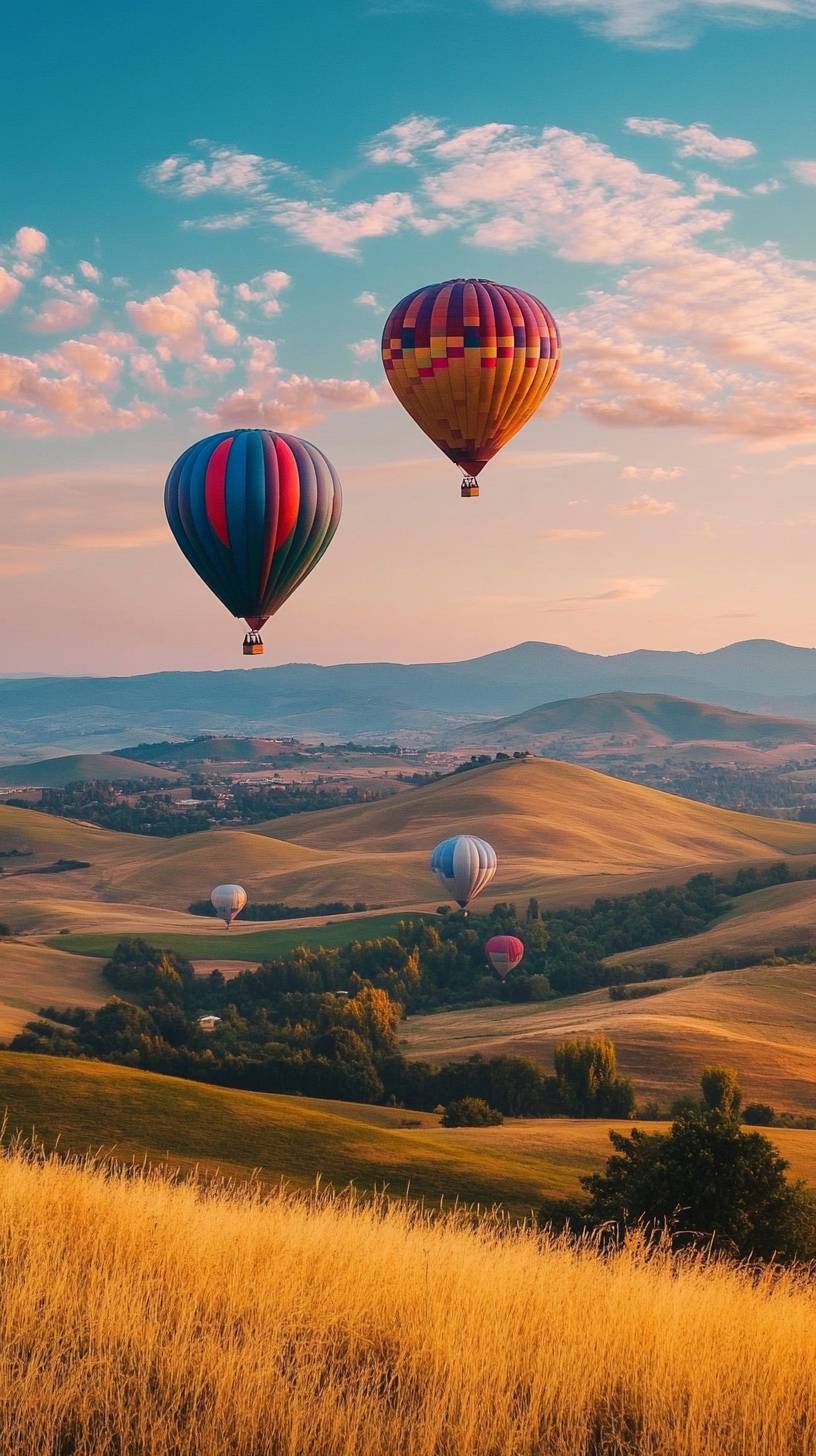 Whimsical hot air balloons soar over rolling hills at dawn.