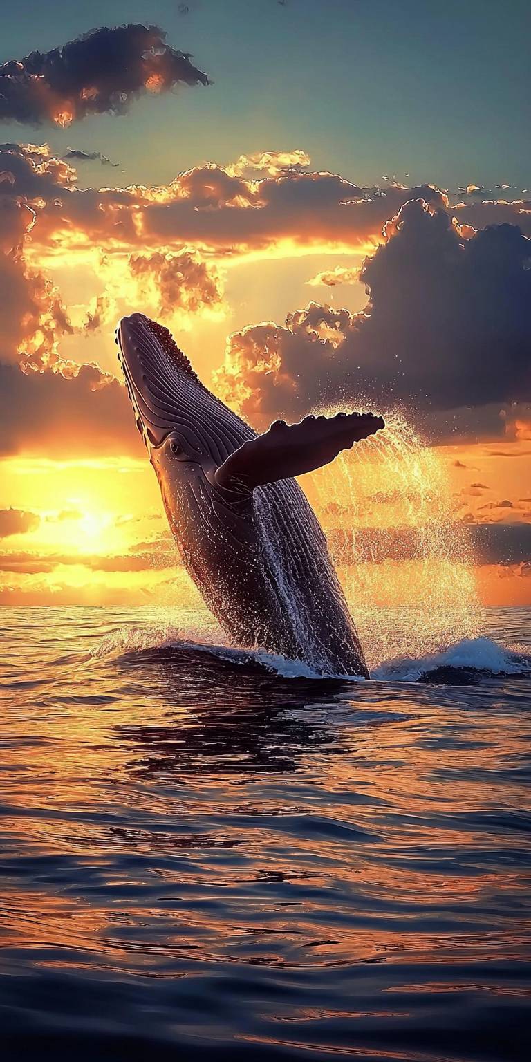 Una majestuosa ballena saltando en la superficie del océano con reflejos del atardecer.