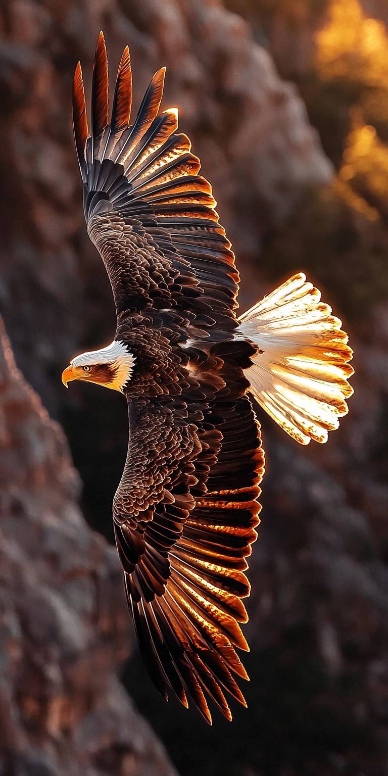 Ein majestätischer Adler schwebt über einem Canyon, goldenes Licht auf seinen Flügeln.