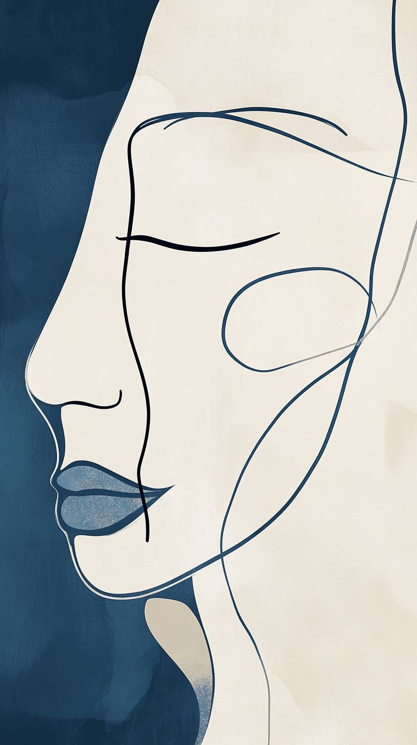 Visage abstrait moderne, lignes bleues douces, détails minimaux, esthétique épurée