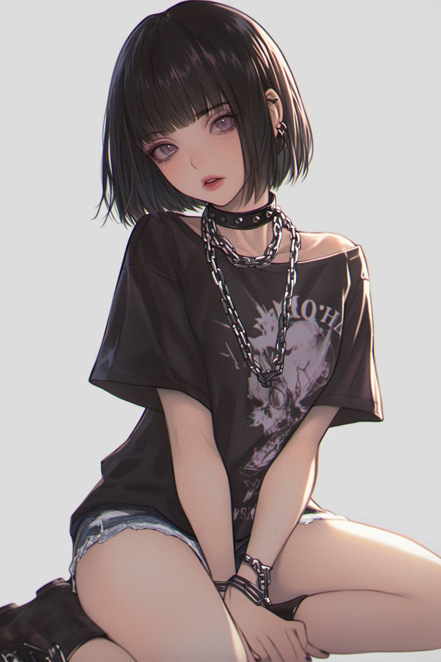 Uma bela Misa Amane usando shorts e camiseta, sentada com correntes ao redor do pescoço, fundo cinza.