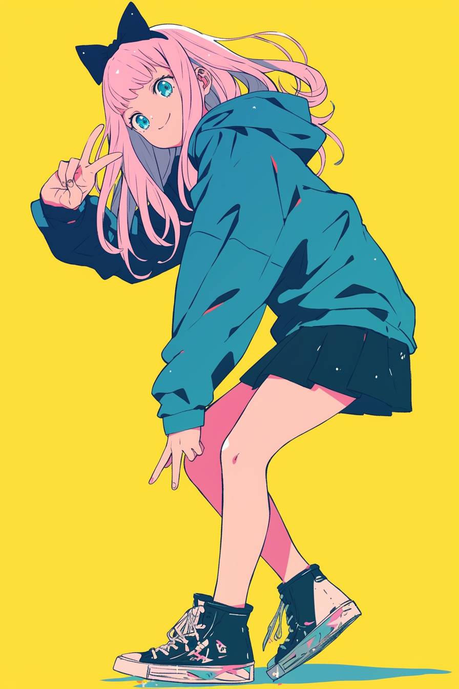 Un personnage féminin d'anime fantaisiste inspiré de Chika Fujiwara de Kaguya-sama: Love is War avec des cheveux roses, un sweatshirt oversize, une mini-jupe et des baskets plateforme, posant de manière ludique sur un fond jaune clair.