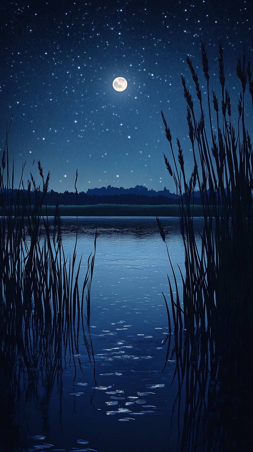 A peaceful starry night over a quiet lake with reeds.