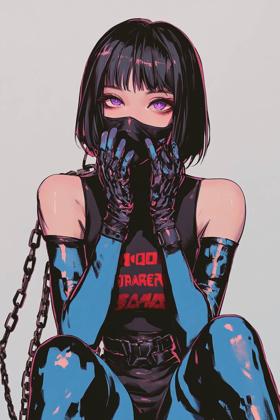 A beautiful Ochaco Uraraka in a black and blue bodysuit with red text, sitting with chains around her neck and an open face mask.