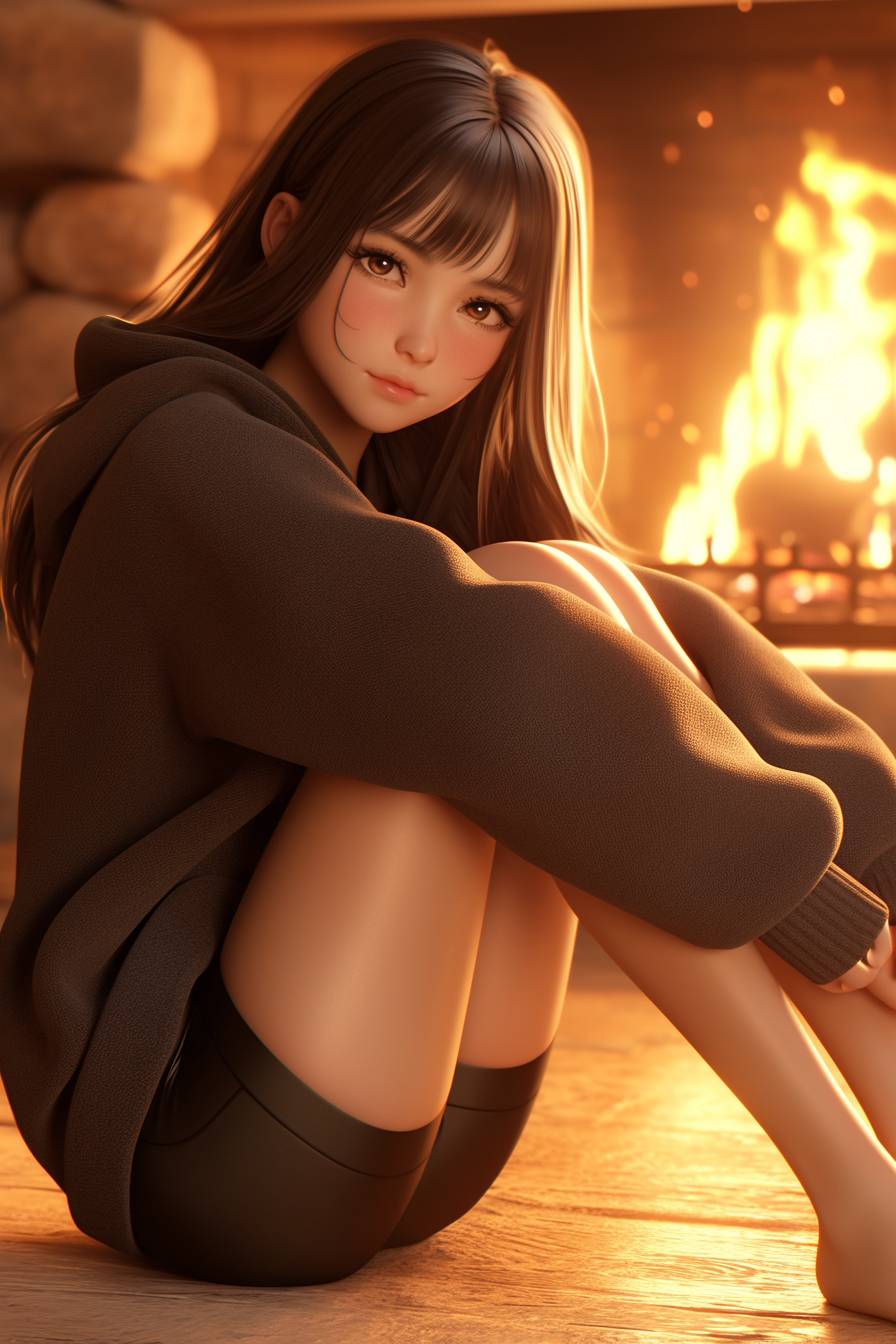 Tamaki Kotatsu from Fire Force wearing Selena Gomez’s comfy casuals, relaxing by a fireplace.