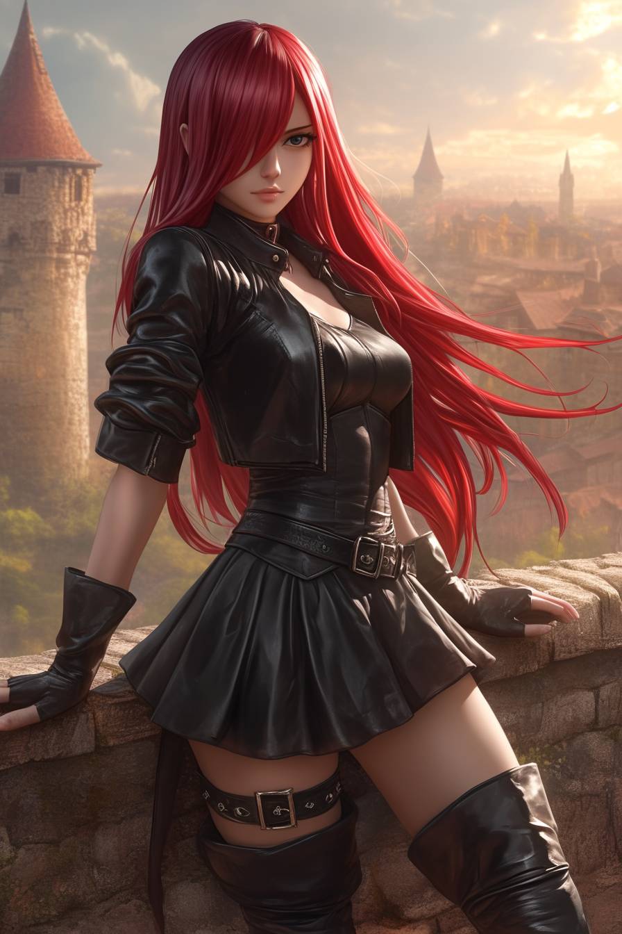 Erza Scarlet de Fairy Tail vestindo as ousadas roupas casuais de Dua Lipa, usando jaqueta de couro, saia e botas ao lado de um muro de castelo.