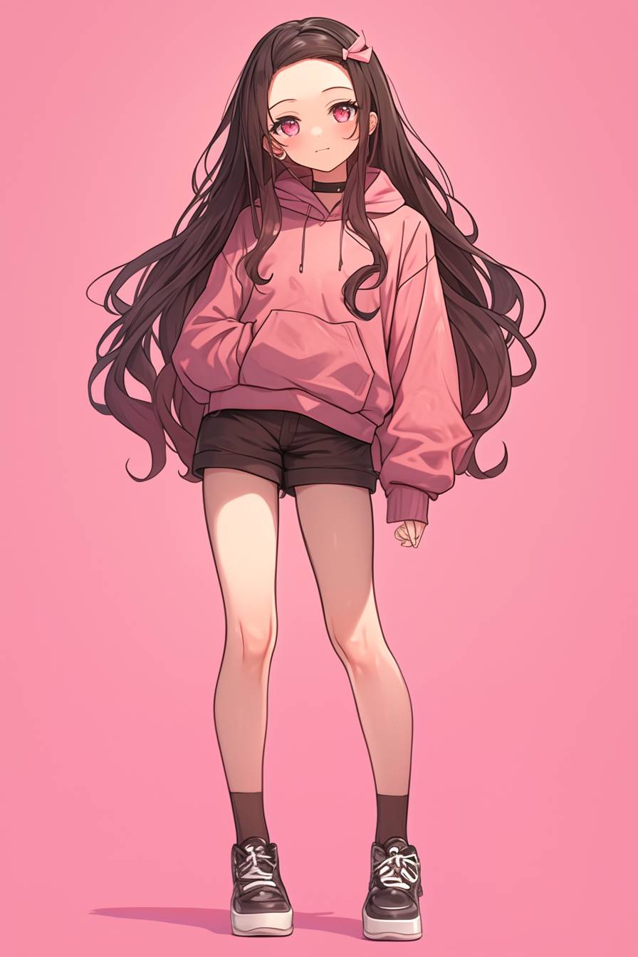 Un personaje femenino de estilo anime inspirado en Nezuko Kamado de Demon Slayer posa con gracia en un hoodie corto y shorts de cintura alta.