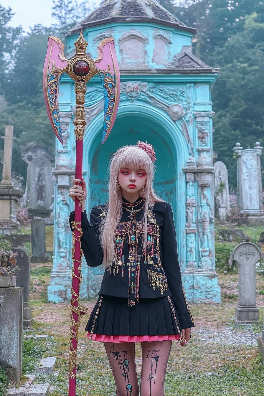 Billie Eilish cosplaying as Maka Albarn from Soul Eater, wearing a black and red schoolgirl outfit and holding a scythe in an eerie graveyard setting.