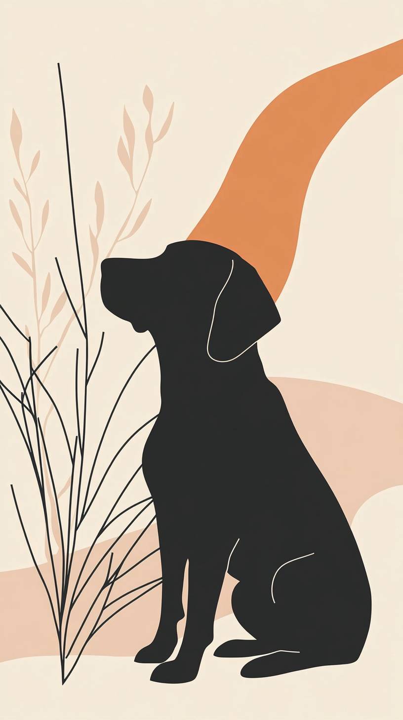 Modern dog silhouette, smooth black lines, muted beige tones, calm illustration