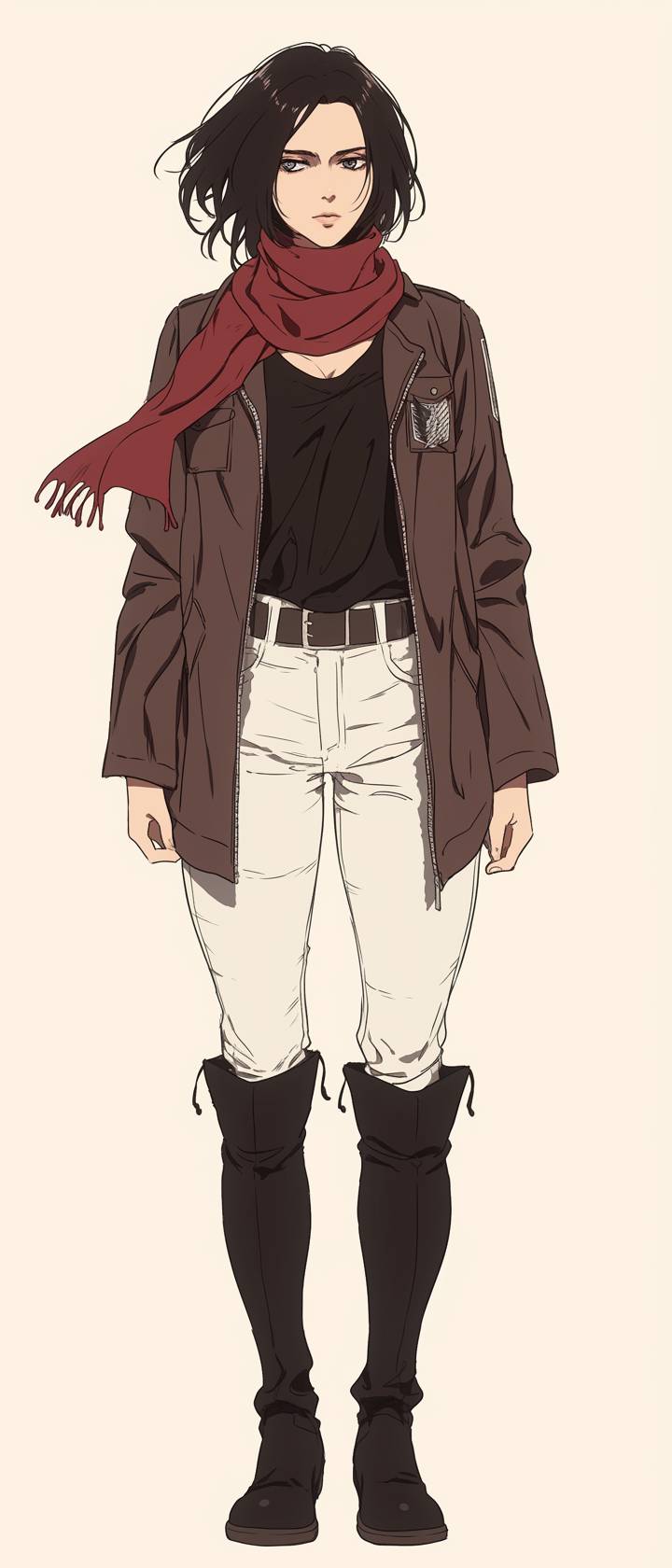 Zoe Kravitz cosplays as Mikasa Ackerman from Attack on Titan, wearing a sheer black Saint Laurent blouse, red cashmere scarf, dark brown leather jacket, white high-waisted trousers, and black combat boots.