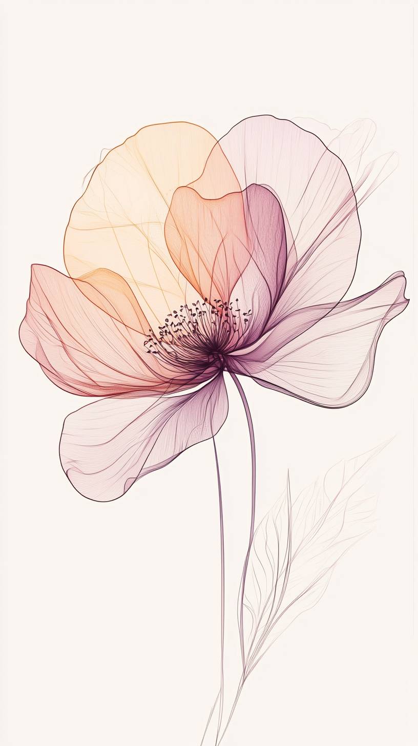 Minimalist line art illustration, single flower outline, soft pastel tones, clean white background