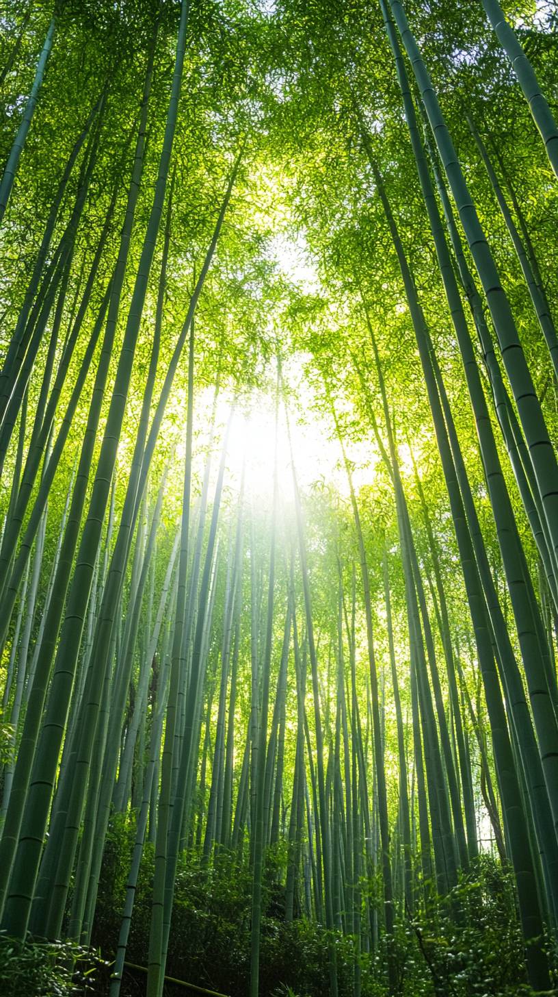 Forêt de bambou calme avec une lumière douce du soleil qui filtre