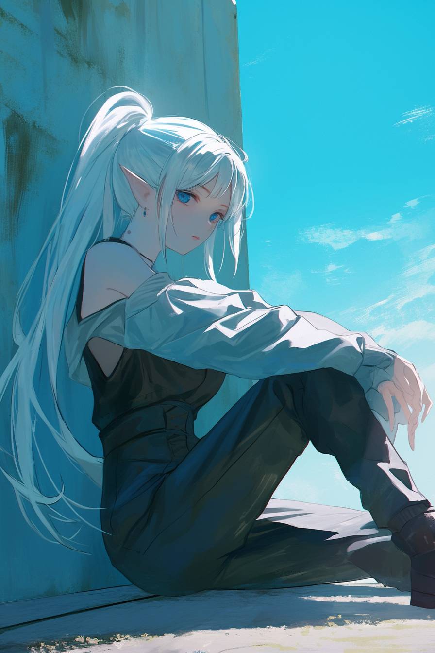 A futuristic anime female character with long white hair in a sleek jumpsuit and cropped jacket posing against a pale blue wall with sunlight.