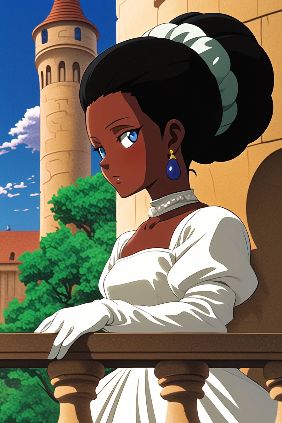 Letitia Wright fantasiada como Historia Reiss de Ataque dos Titãs, vestindo um vestido branco, com uma expressão suave no interior de um castelo, estilo de anime detalhado.