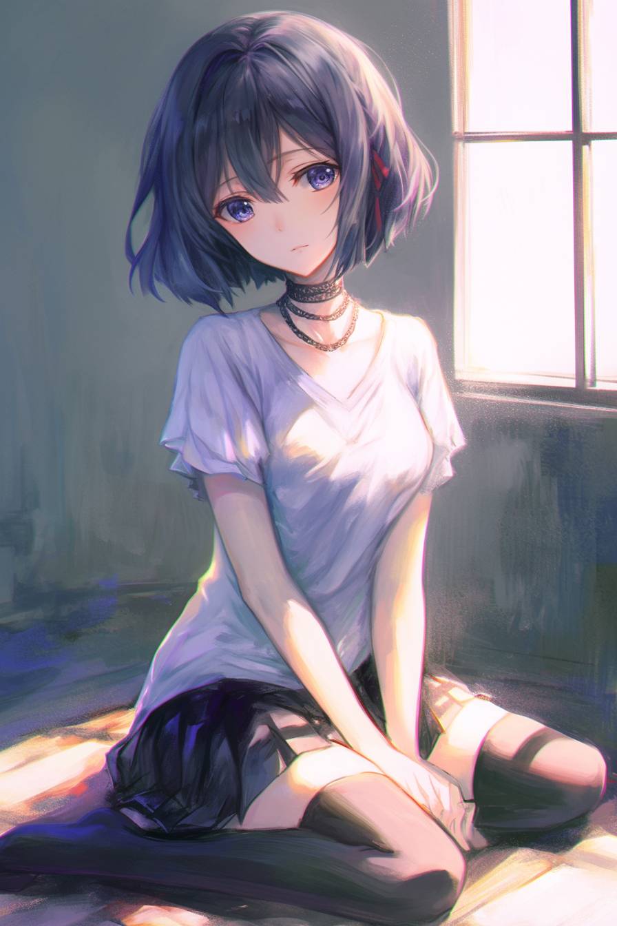 A beautiful Violet Evergarden in a pleated skirt and T-shirt, with a short bob haircut, sitting pose.