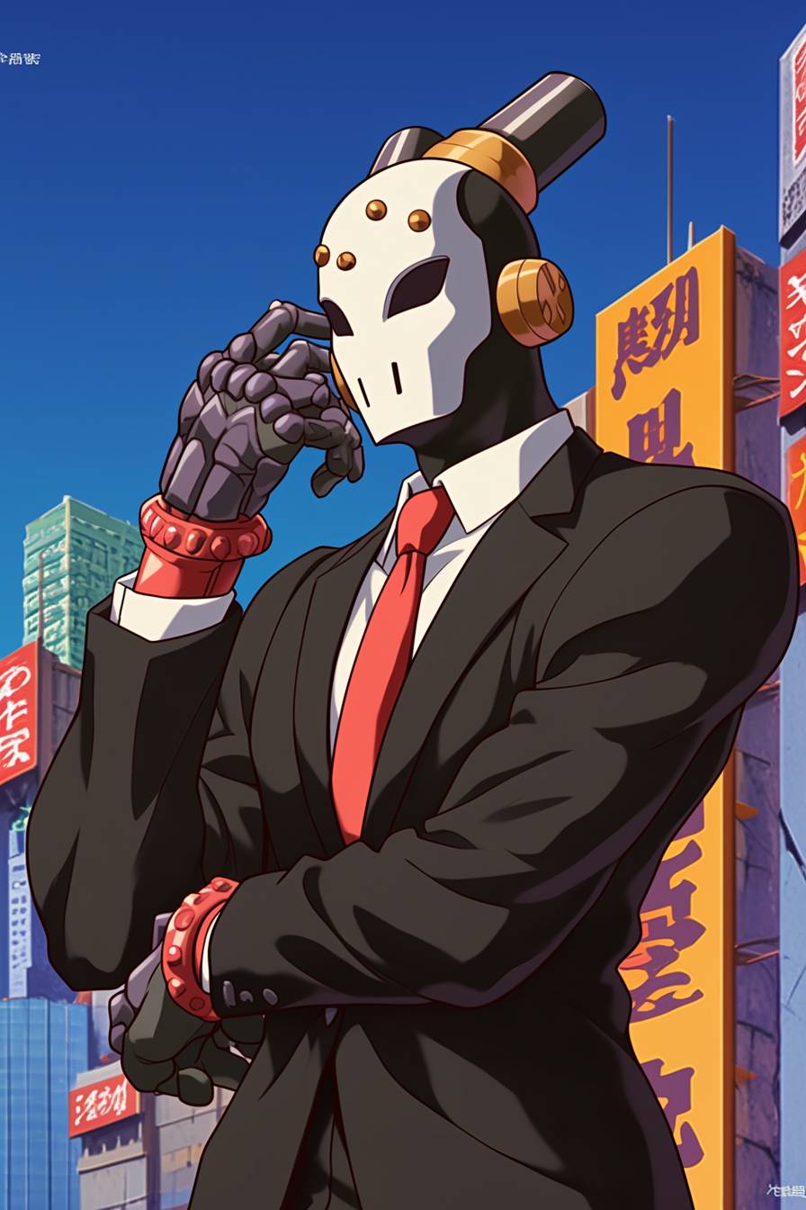 Dave Bautista cosplaying as All For One from My Hero Academia, in a black suit with a mask, in a ruined city with an ominous aura, intense anime style.