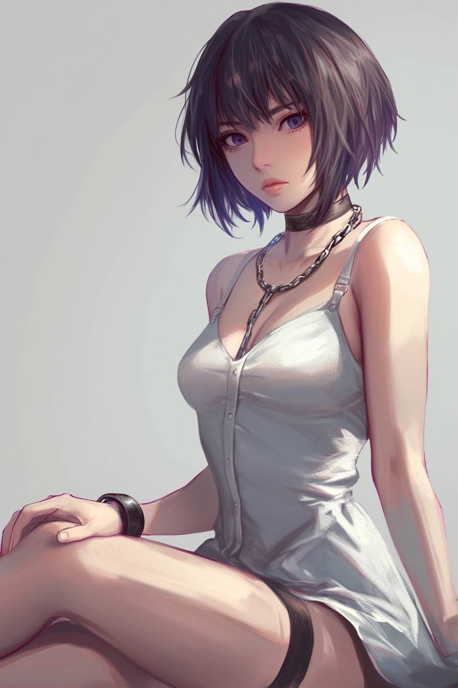 Uma bela Motoko Kusanagi em um vestido sem mangas, com cabelo escuro curto, sentada com correntes ao redor do pescoço, em um fundo cinza.