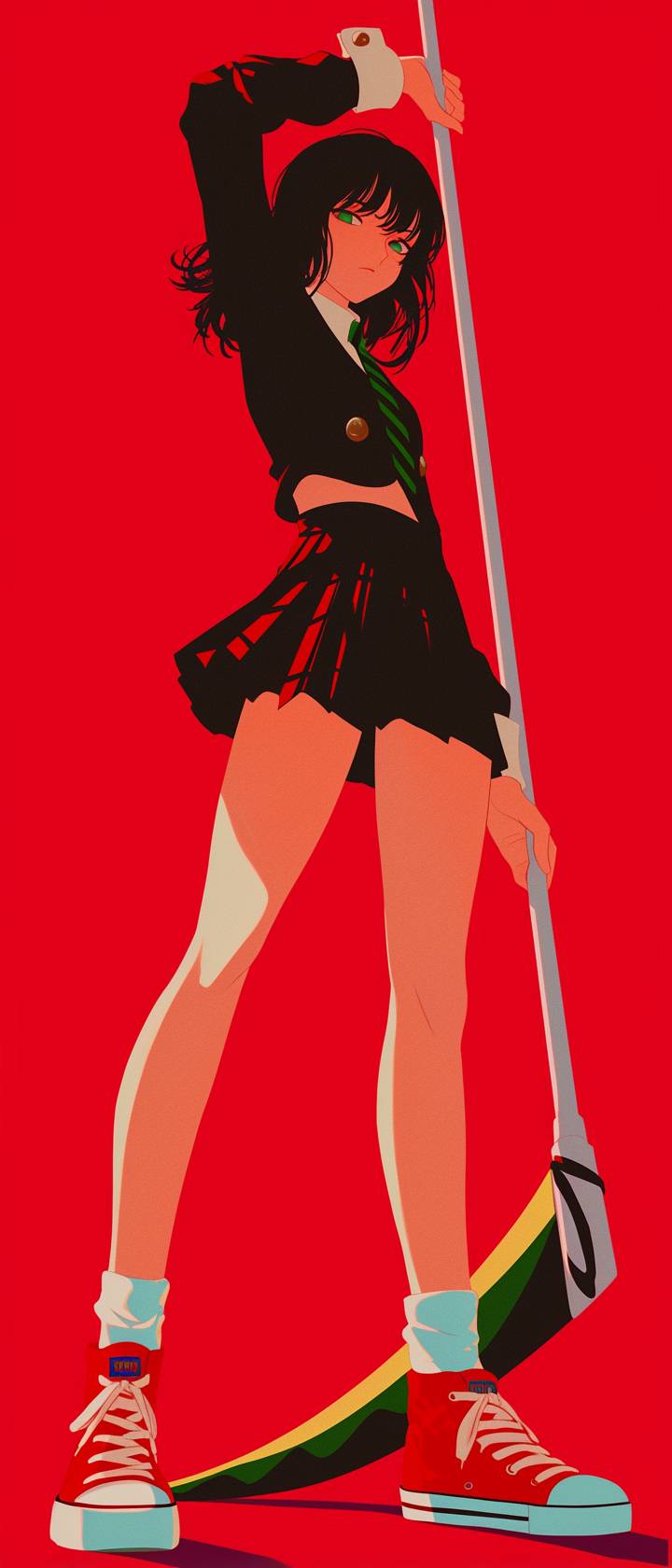 Charli XCX is cosplaying as Maka Albarn from Soul Eater, wearing a black pleated skirt, white cropped blouse, green tie, black scythe prop, and red sneakers.