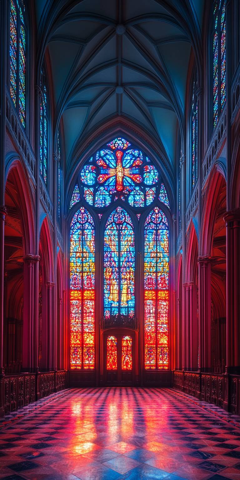 Inneres einer gotischen Kathedrale mit bunten Glasfenstern, die farbiges Licht werfen, und kunstvollen Details.