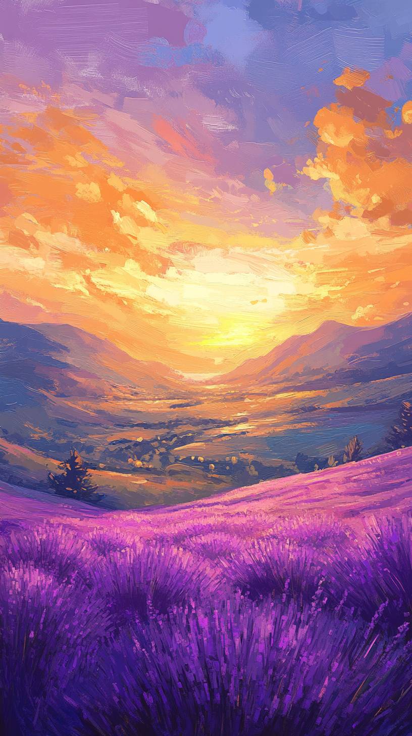 Dreamy lavender fields under a golden sunset