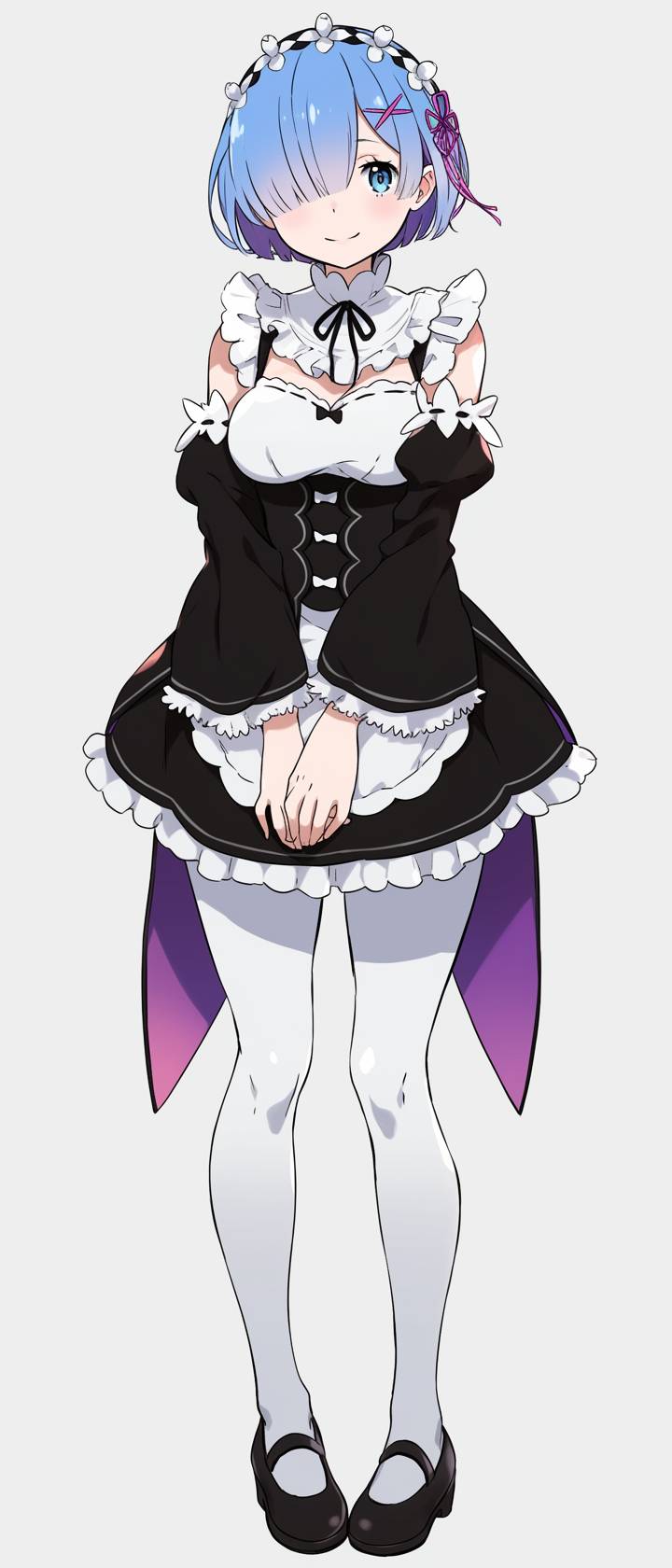 ヘイリー・ビーバーが《Re:Zero》のレムのコスプレをして、バルマンの青いメイドドレスを着ています。