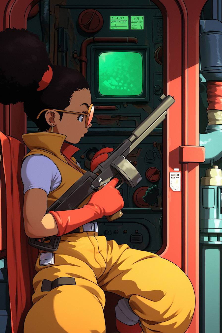 Zazie Beetz cosplaying as Faye Valentine from Cowboy Bebop, wearing a yellow outfit and holding a gun inside a spaceship, vibrant anime style.