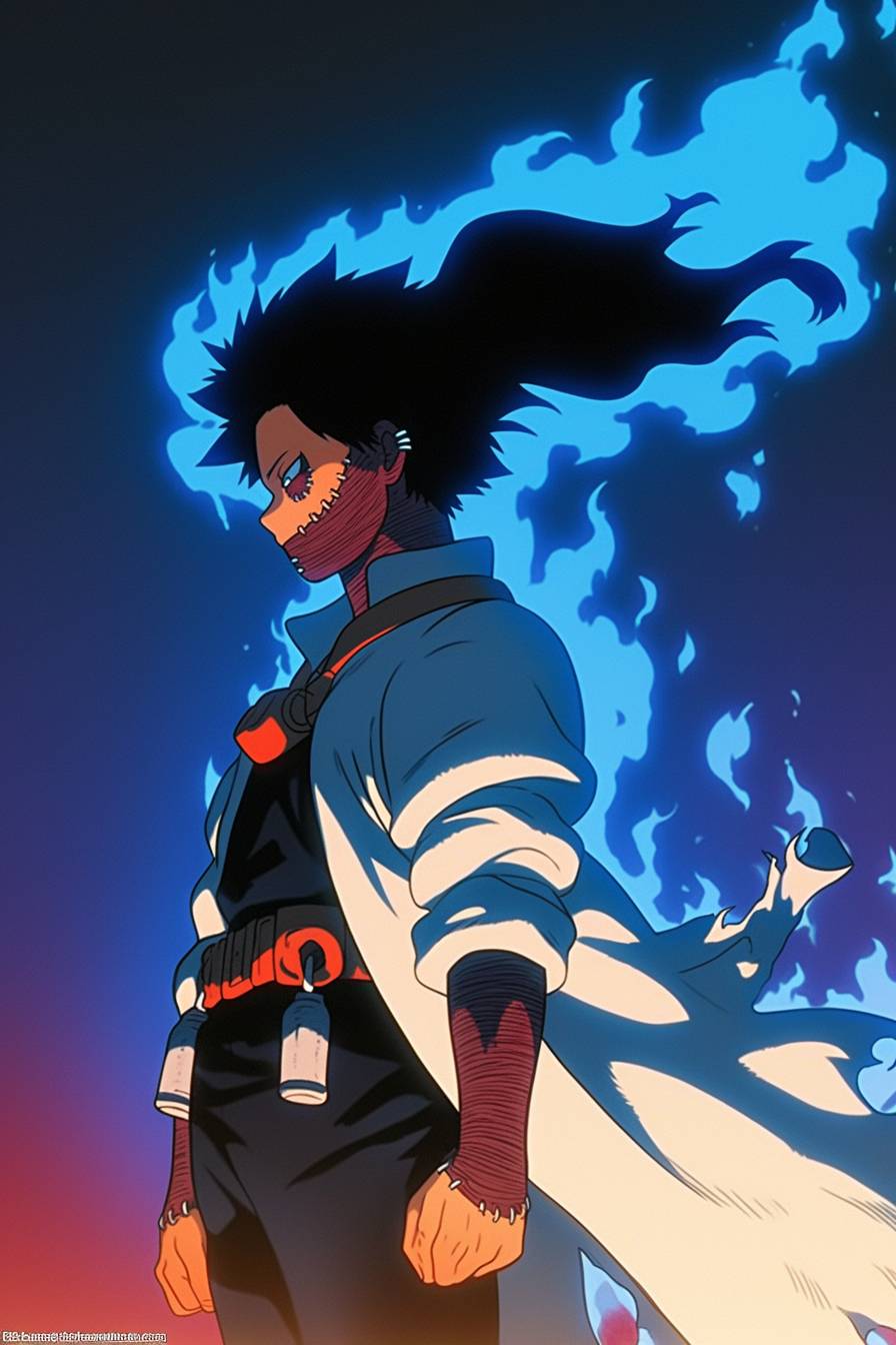 Cole Sprouse cosplays as Dabi from My Hero Academia, wearing a dark coat with blue flames, scarred face, in an intense anime style amidst a burning city.