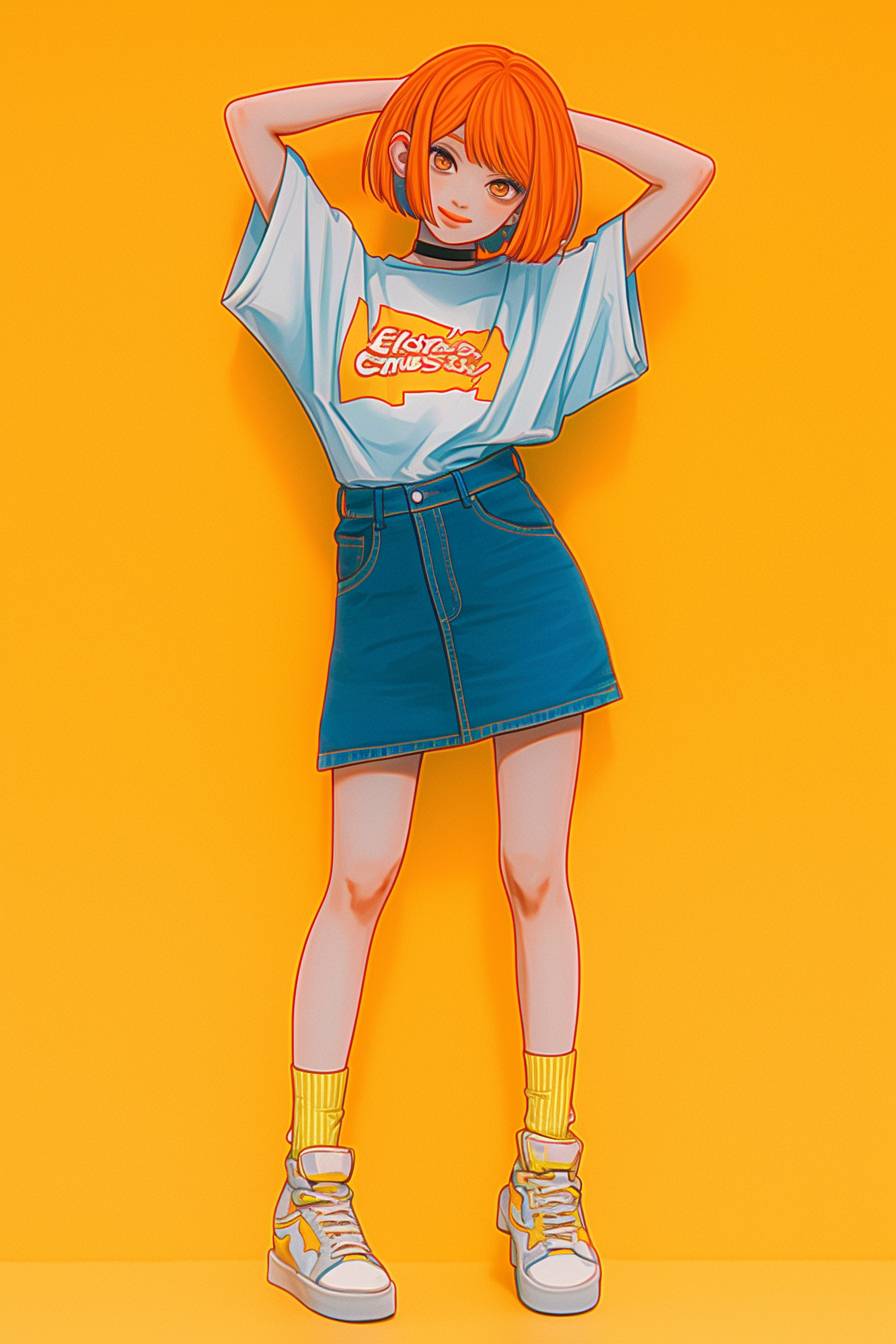 Un personaje de anime audaz con cabello corto naranja, usando una camiseta gráfica oversized, falda de mezclilla y zapatillas de lona, posando de manera juguetona.