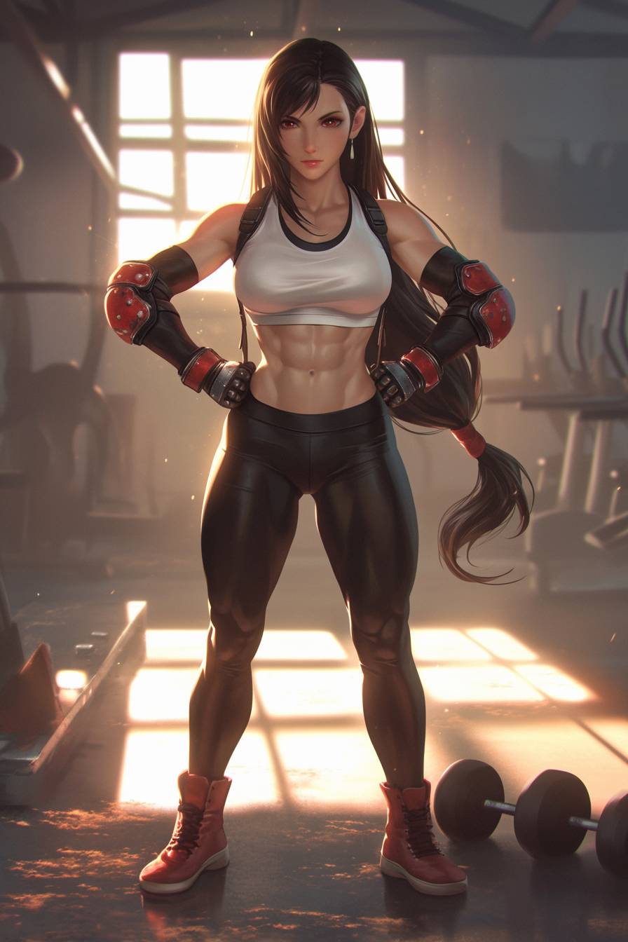 Tifa Lockhart de Final Fantasy VII portant le style tendance de Bella Hadid, s'entraînant dans une salle de sport tranquille.