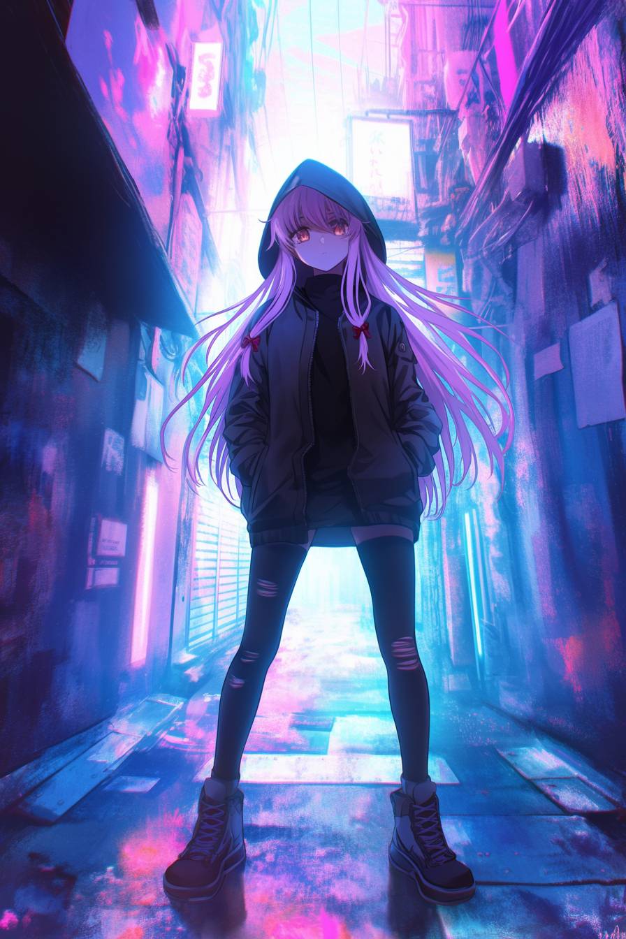 Yuno Gasai de Future Diary portant le style urbain audacieux de Zendaya, avec un hoodie court, un pantalon cargo et des baskets dans une ruelle ombragée avec une douce lueur néon.