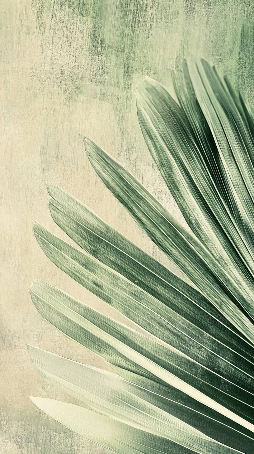 Single palm leaf, light green strokes, clean design, subtle textures