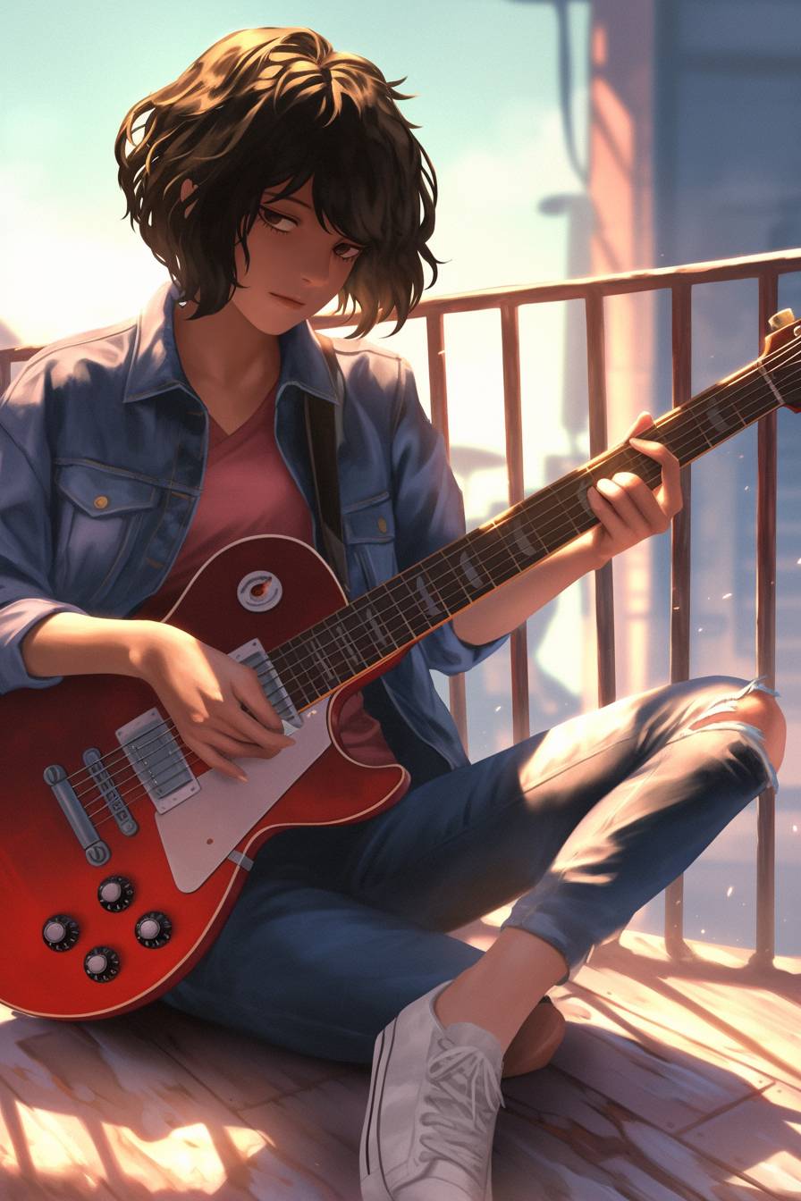 Kyoka Jiro from My Hero Academia is playing guitar in casuals inspired by Anne Hathaway.