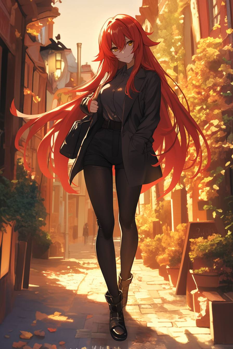 Rias Gremory con el estilo urbano de Zendaya, vestida con un blazer ajustado, leggings y botas de tobillo, de pie en un tranquilo patio al anochecer.