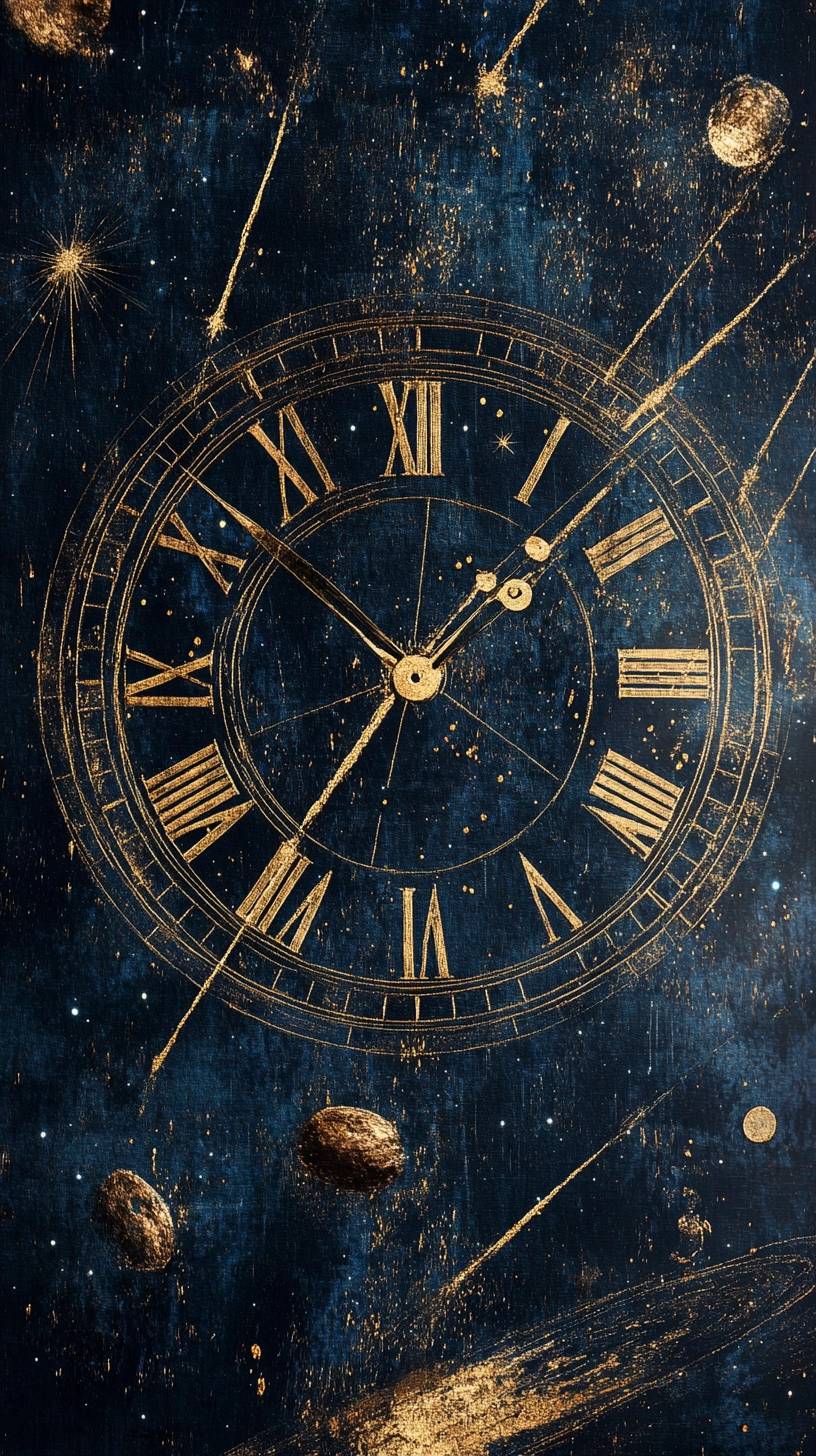 A celestial clock with comet trail hands against a deep indigo and shimmering gold background.