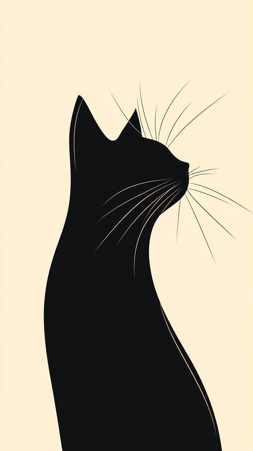 Silhueta de gato minimalista, linhas pretas suaves, tons amarelos claros, ilustração moderna