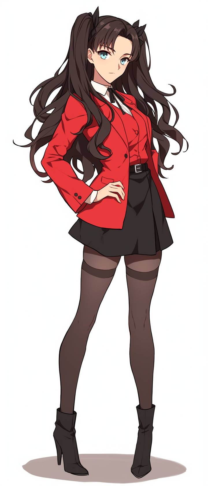 Lily Collins en cosplay de Rin Tohsaka de Fate/Stay Night, portant une veste rouge de Chanel, une jupe noire, une blouse blanche, un ruban rouge et des bottes noires.