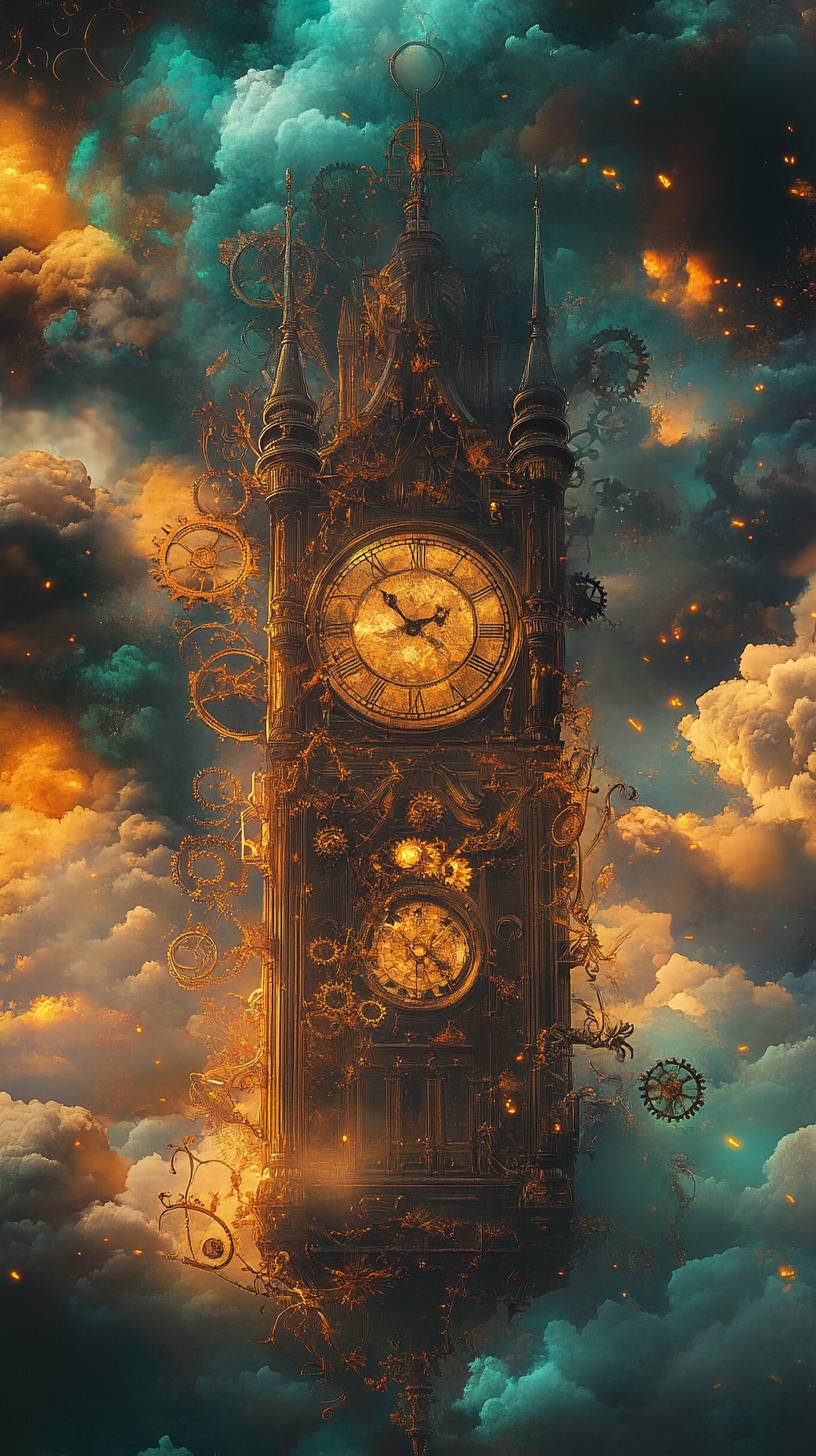 Una torre de reloj de estilo steampunk flota en un mar de nubes, con engranajes y enredaderas entrelazándose en un cálido brillo cobrizo y esmeralda.