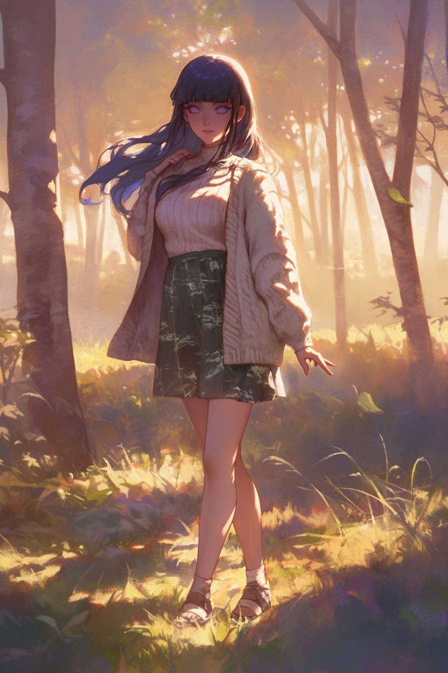 Hinata Hyuga de Naruto vestindo o estilo suave de Selena Gomez, com um cardigan de malha, saia e sapatilhas, treinando em uma clareira nebulosa da floresta.