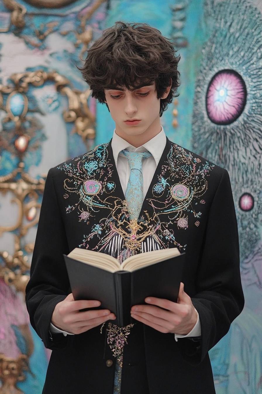 Timothée Chalamet cosplaying as Light Yagami from Death Note, wearing a school uniform with a black notebook in a dark room with glowing eyes.