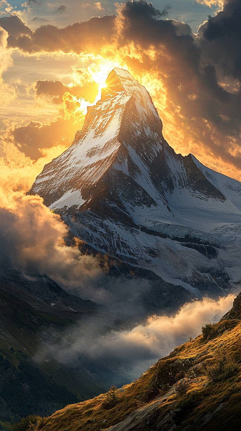 A misty mountain peak at dawn with golden light breaking through clouds.