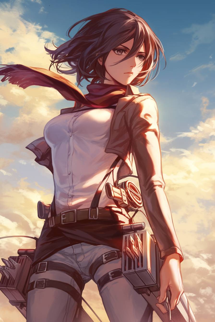 Mikasa Ackerman de L'Attaque des Titans porte le style minimaliste de Hailee Steinfeld, avec une veste ajustée, un jean et une écharpe, debout sur un mur balayé par le vent.