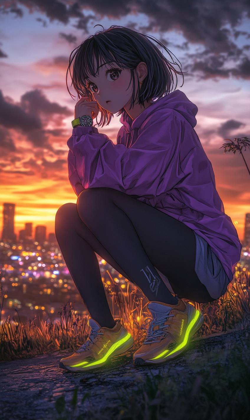 Ein energetisches Anime-Mädchen mit kurzem Haar in einer lila Windjacke und Neon-Sneakern vor einer Stadt beim Sonnenaufgang und einem komplexen Stadtpark.