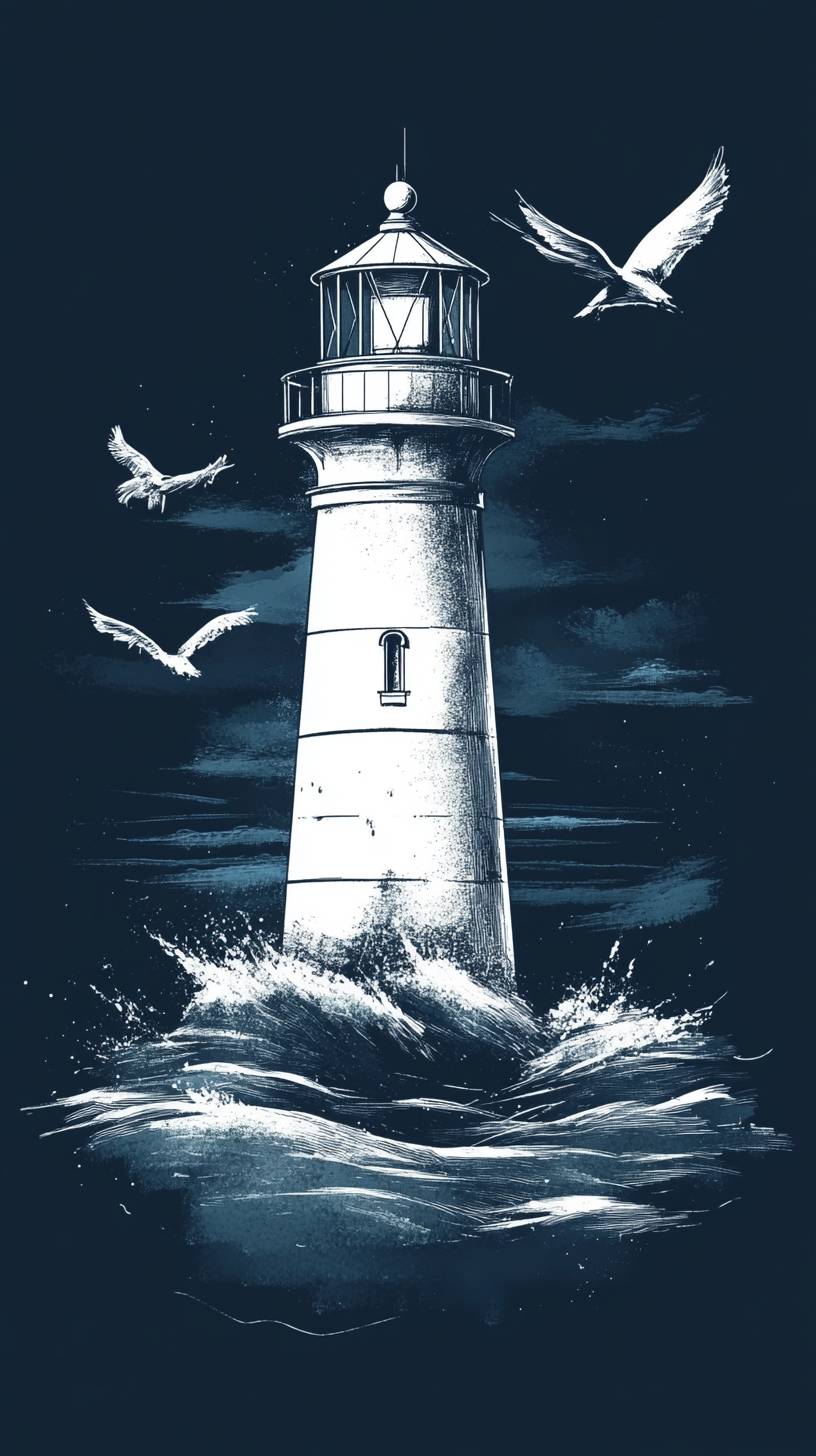 Hand-drawn lighthouse in muted navy tones with minimal details