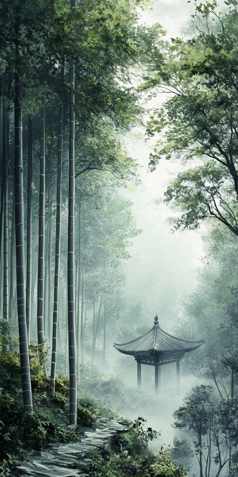 A misty bamboo forest with a hidden pagoda, in soft greens and grays.