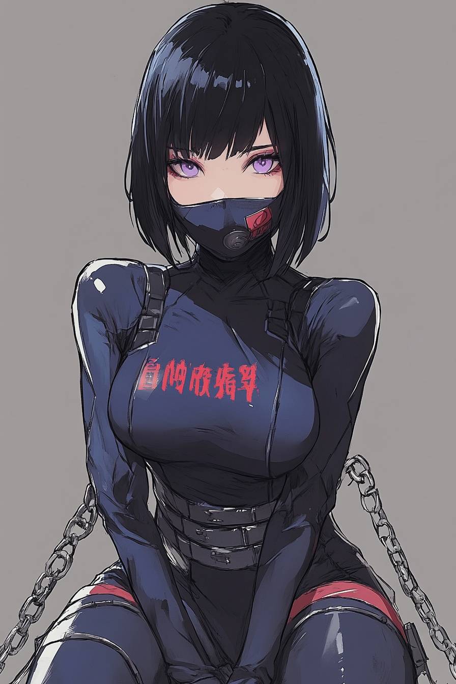 Una hermosa Hinata Hyuga con un traje negro y azul, máscara facial y cadenas alrededor del cuello, sentada sobre un fondo gris.