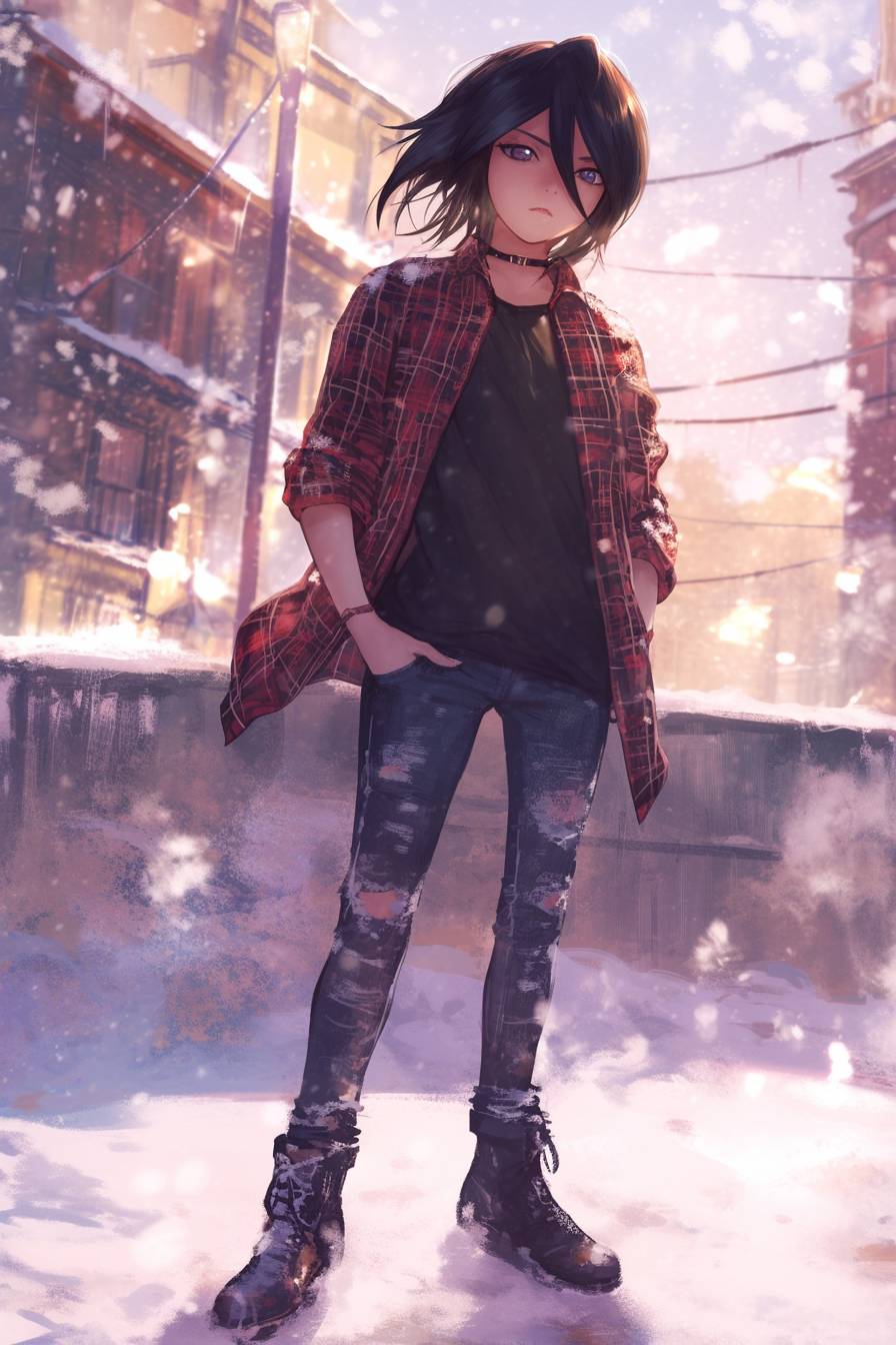 Rukia Kuchiki from Bleach wears Kristen Stewart's grunge casuals, featuring a plaid shirt, ripped jeans, and boots in a snowy courtyard.