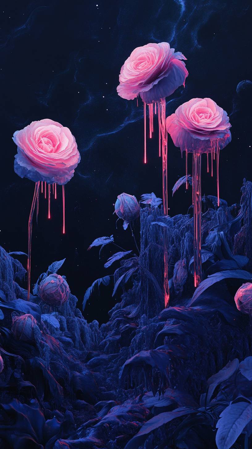 A cosmic garden where planets bloom like flowers, their surfaces dripping with neon nectar against a black void.