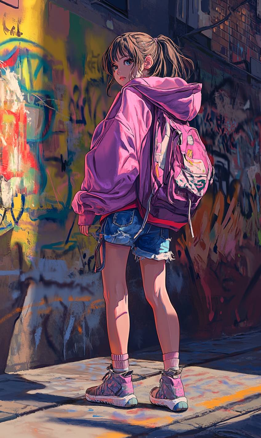 Uma garota de anime fofa em um moletom oversized e shorts de jeans, carregando uma pequena mochila contra um fundo de parede de graffiti.