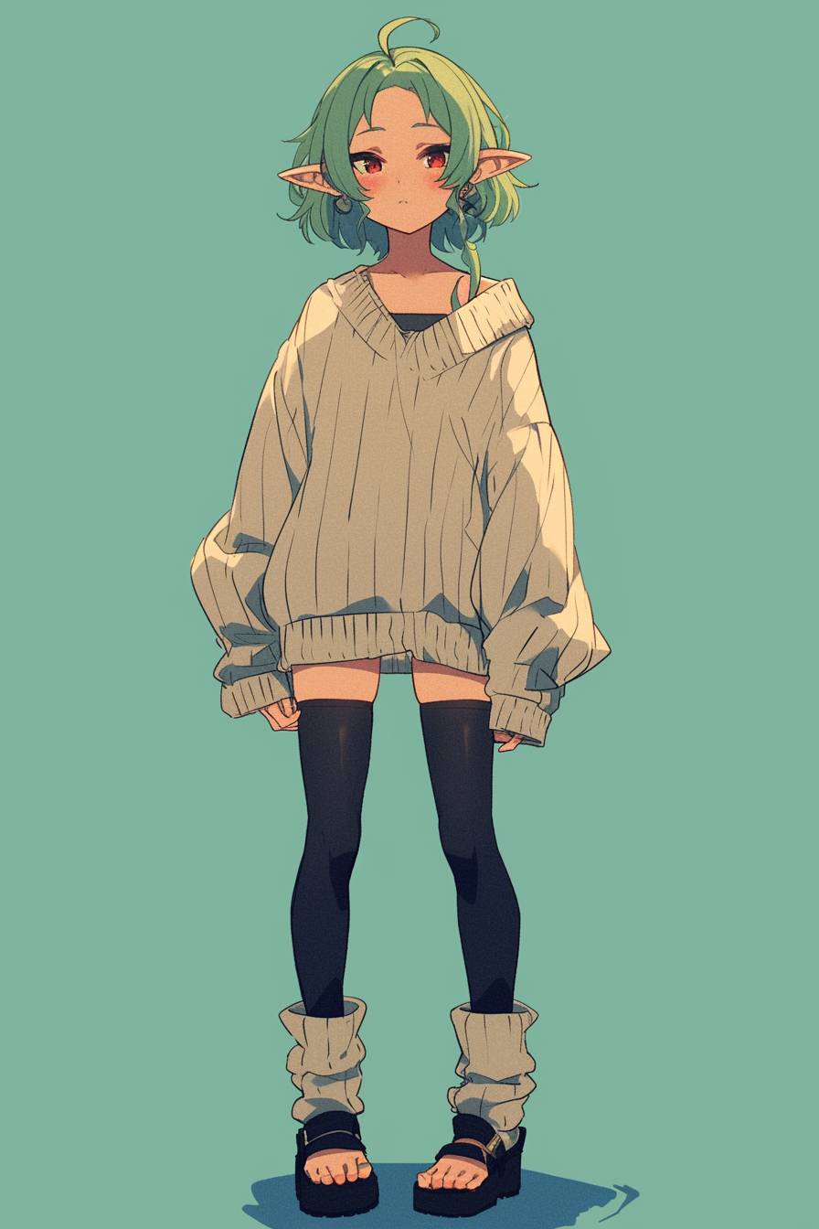 Eine mystische Anime-Figur mit grünen Haaren, die einen übergroßen Pullover, Leggings und klobige Sandalen trägt, sanft vor einem sauberen, blassen Teal-Hintergrund posierend.